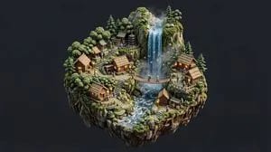Stylized Miniature Diorama of Forest Waterfall Village