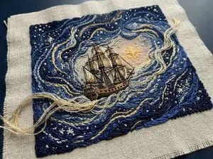 Tactile Embroidered Tapestry of a Ship in Nebulae