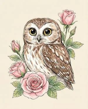 Watercolor Illustration of a Cute Owl with Pink Roses