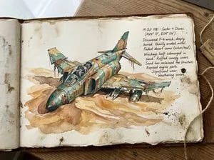 Loose Watercolor of a Half-Buried Fighter Jet in Desert Dunes