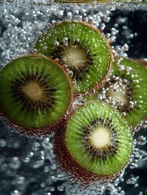 Macro Shot of Kiwi Slices in Sparkling Water