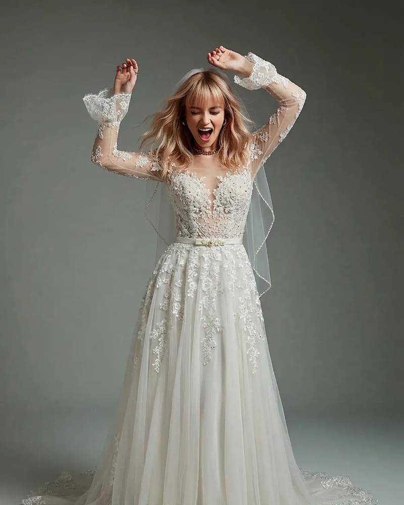 Virtual wedding dress try-on after result with AI bridal fitting