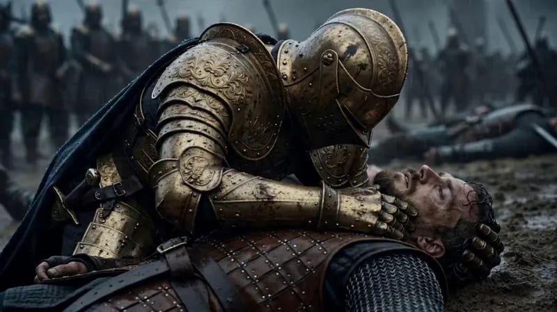 15s cinematic medieval drama shot on ARRI Alexa 65. A knight in intricately engraved, battle-worn golden armor and a dark blue cape kneels in the muddy rain over a fallen comrade. The camera slowly tilts up as the golden knight gently rests a hand on the fallen soldier's chest.