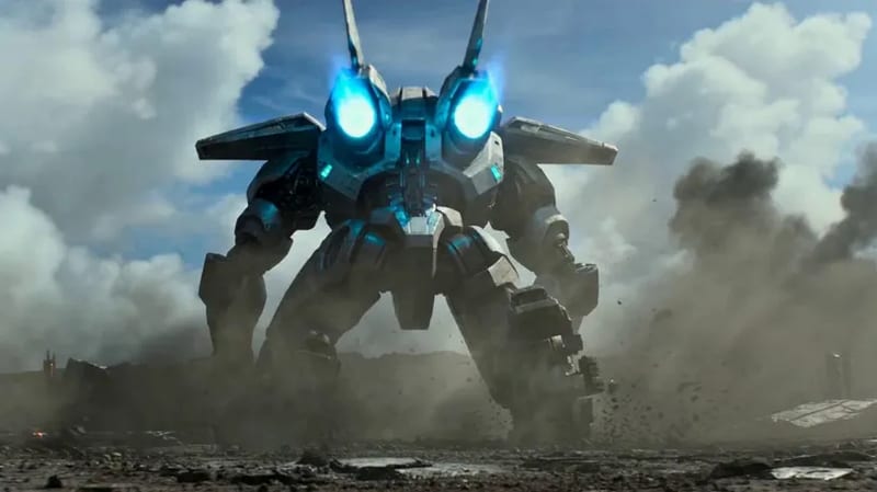 Sci-fi cinematic VFX action shot featuring a sleek titanium-alloy mecha with glowing cyan thrusters and weathered combat armor. The shot begins at a low-angle ground level as the mecha crouches, thrusters roaring with blinding light and creating a massive shockwave of dust and debris.