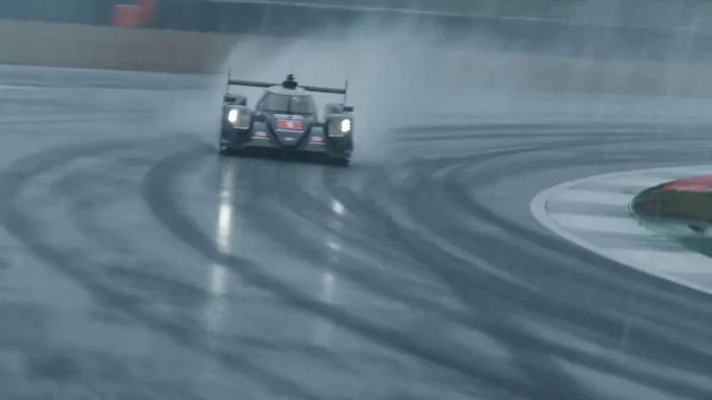 Cinematic VFX racing sequence shot on Arri Alexa 35 with anamorphic lenses featuring a low-profile tracking shot following a high-performance race car tearing through a rain-drenched circuit at extreme speeds. As the engine roars, the scene shifts into a hyper-realistic bullet-time sequence where time slows to a crawl, capturing millions of crystalline rain droplets suspended in mid-air around the aerodynamic chassis.
