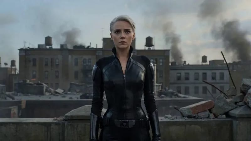 15s cinematic sci-fi transformation sequence. A cool-toned, determined young woman warrior with short silver hair in a sleek black leather suit standing on a war-torn rooftop. As she engages her high-tech waist belt, violet energy surges through her eyes. Mechanical morphing sequence with glowing circuits and metallic armor plating assembling over her body.
