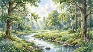 Watercolor Forest Clearing with Stream