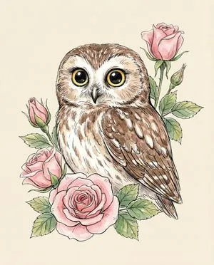 Watercolor Illustration of a Cute Owl with Pink Roses