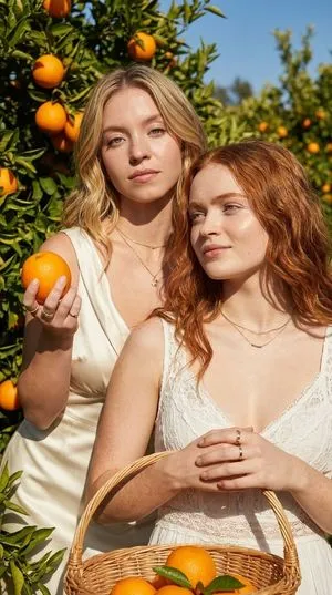 Vogue campaign aesthetic in a golden citrus orchard