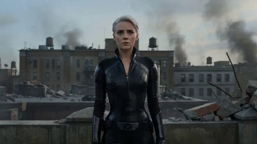 15s cinematic sci-fi transformation sequence. A cool-toned, determined young woman warrior with short silver hair in a sleek black leather suit standing on a war-torn rooftop. As she engages her high-tech waist belt, violet energy surges through her eyes. Mechanical morphing sequence with glowing circuits and metallic armor plating assembling over her body.